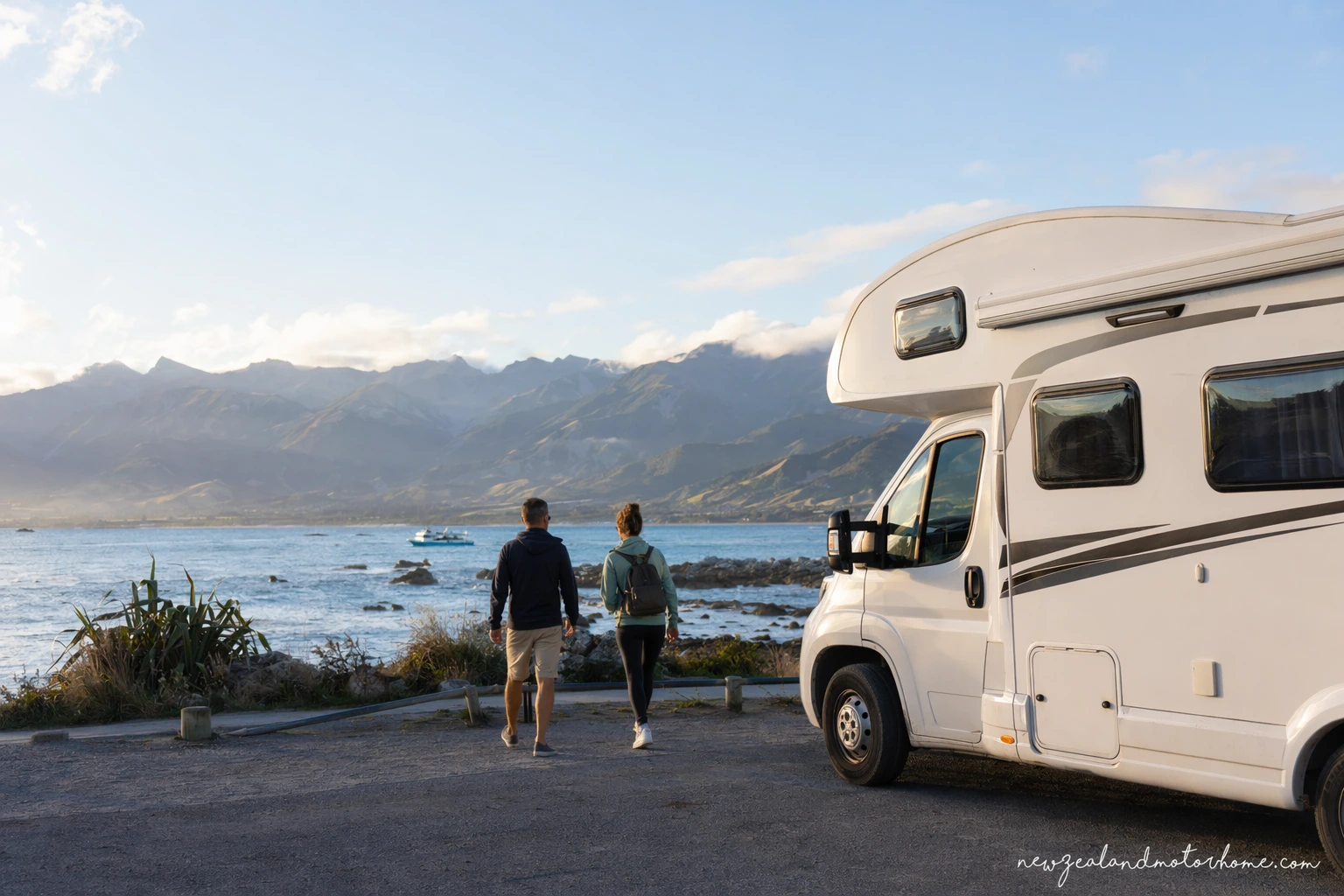 Campervan parked near the Kaikoura coast before a whale watching trip