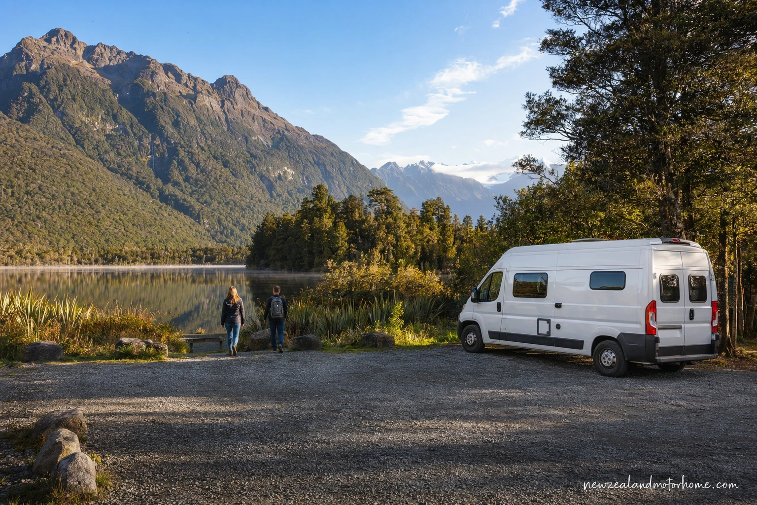 Campervan parked near Lake Matheson Walk with still water and Southern Alps views