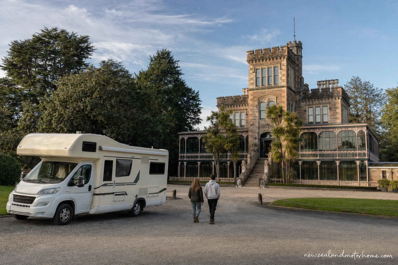 Campervan parked near Larnach Castle on the Otago Peninsula above Dunedin