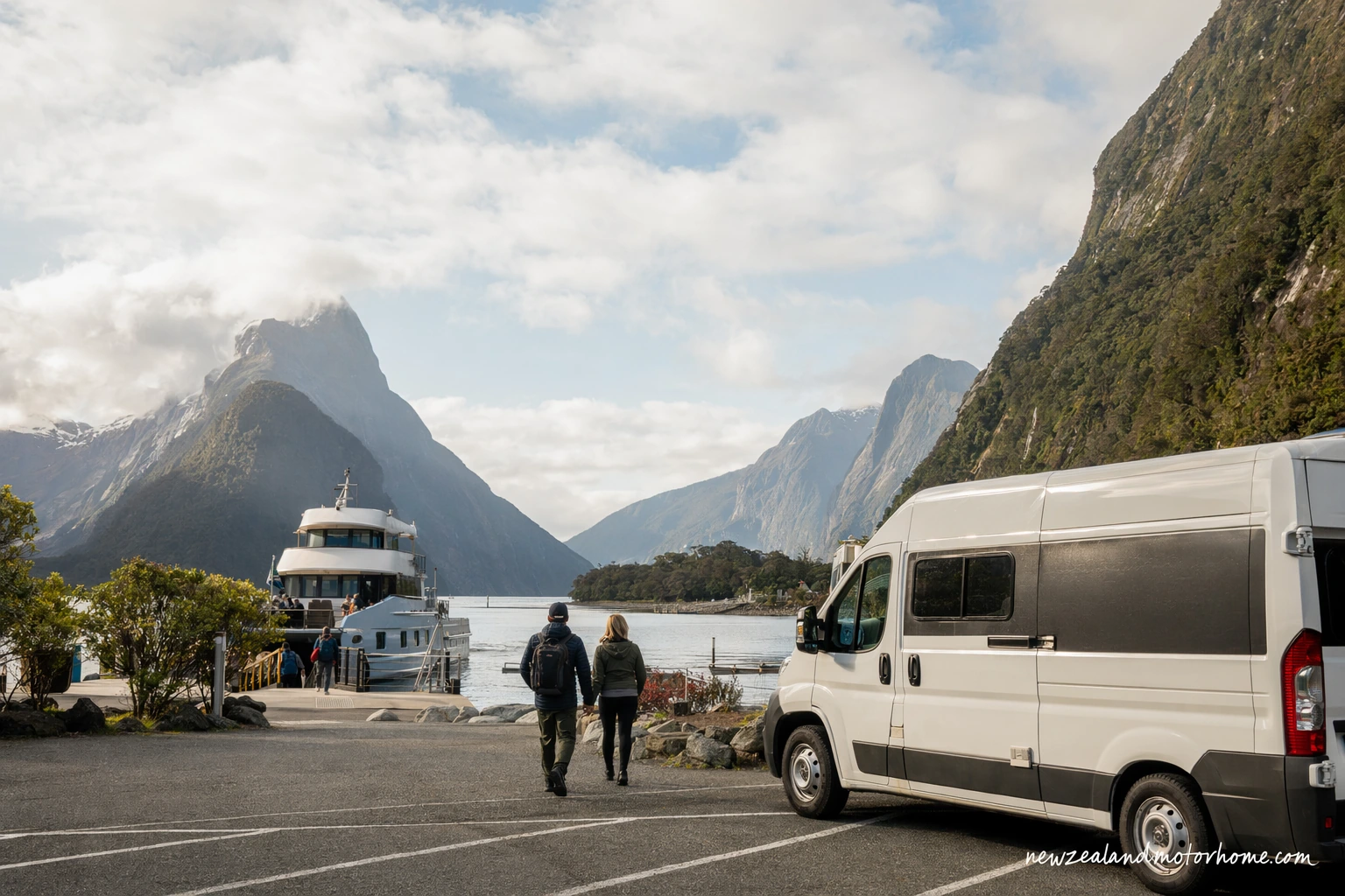 Campervan parked near Milford Sound Piopiotahi before a fiord cruise