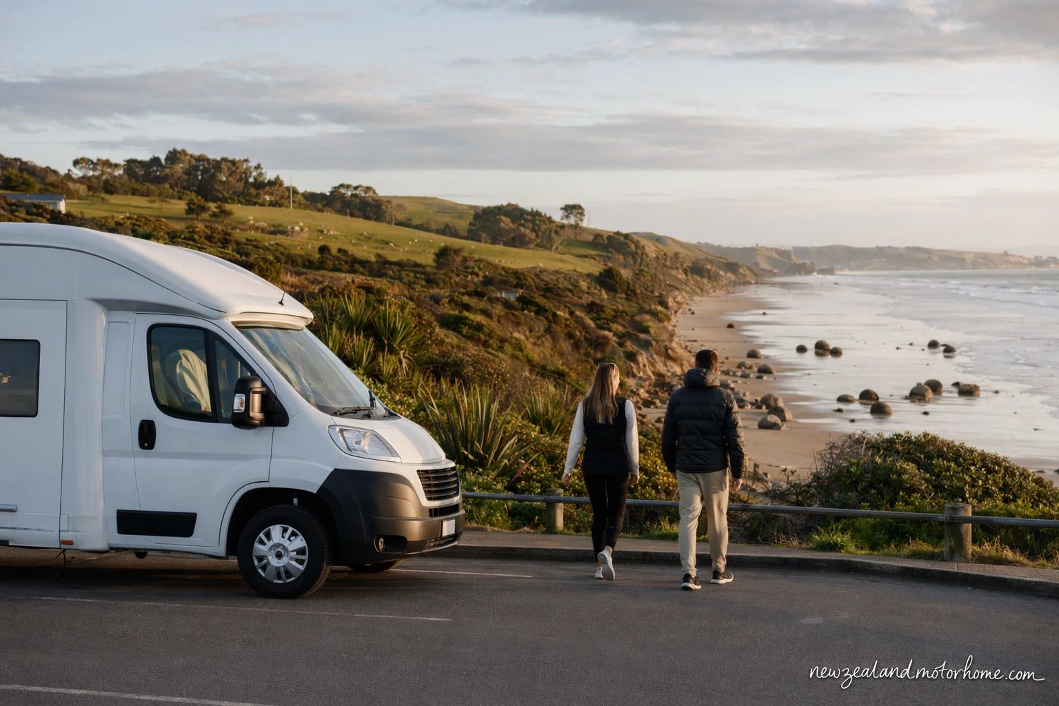 visiting moeraki boulders by campervan — campervan scene