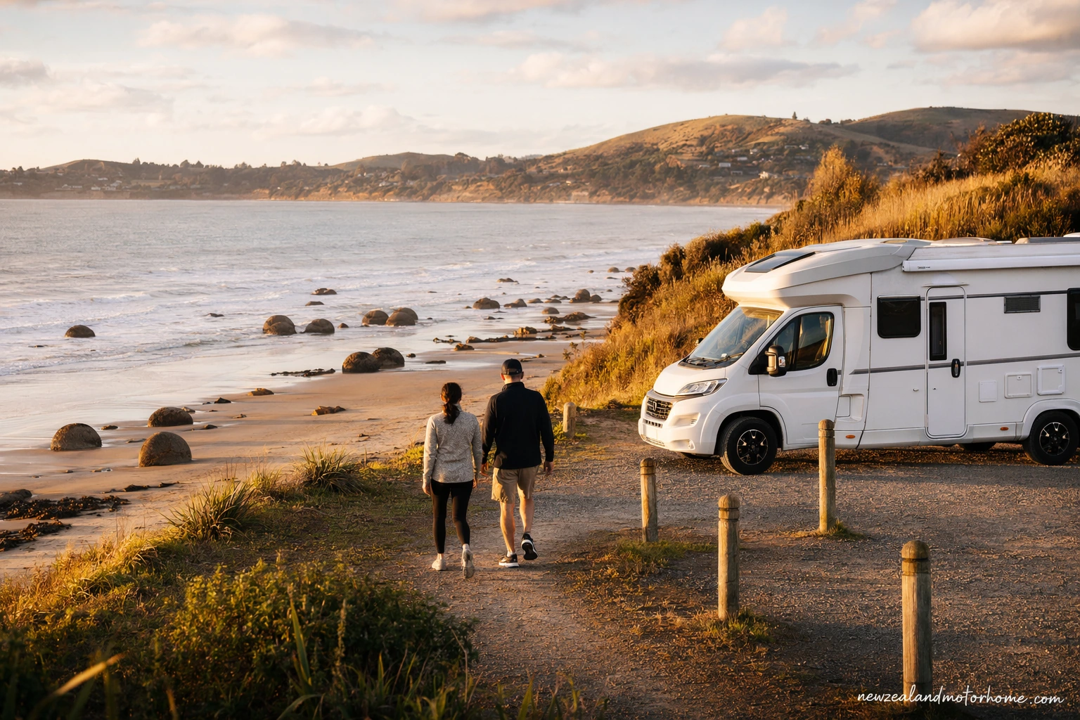 Campervan parked near the coast before walking down to the Moeraki Boulders on Koekohe Beach