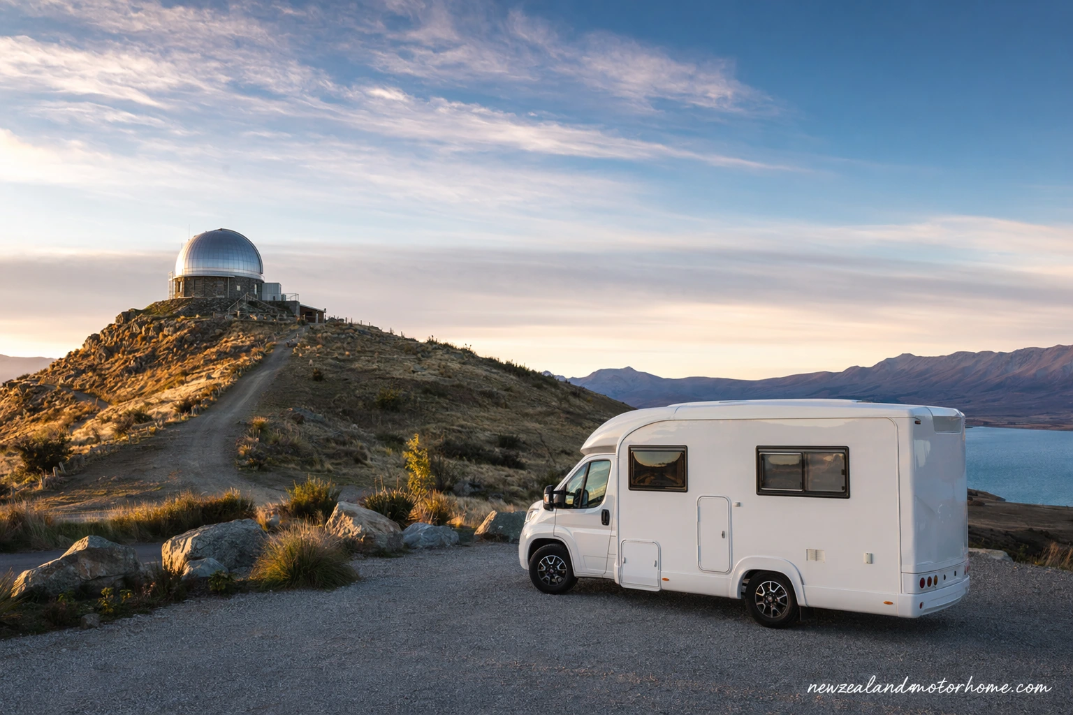 Campervan parked near Lake Tekapo with Mt John Observatory on the hill above