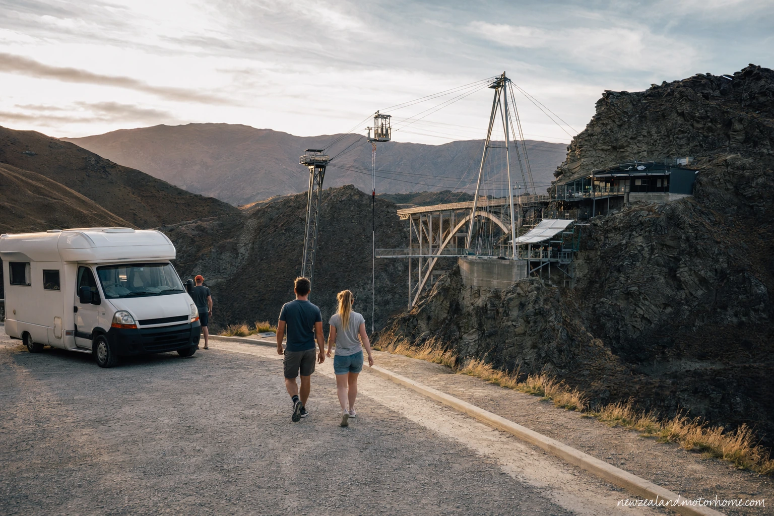 Campervan parked above Lake Wakatipu near Queenstown before a visit to Nevis Bungy