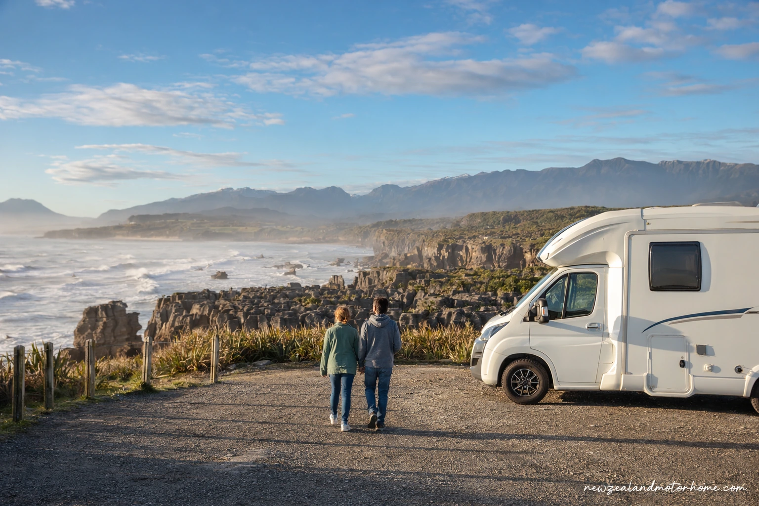 Campervan parked near Pancake Rocks at Punakaiki on the West Coast
