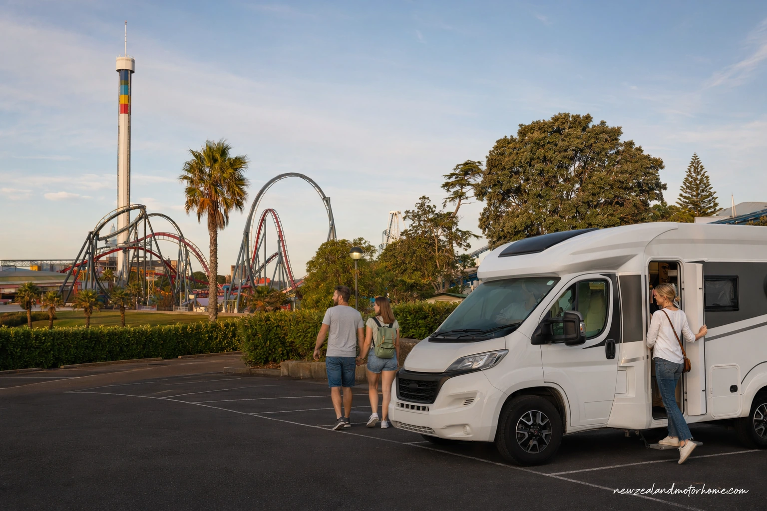Campervan parked in South Auckland near Rainbow's End with the theme park entrance in the background