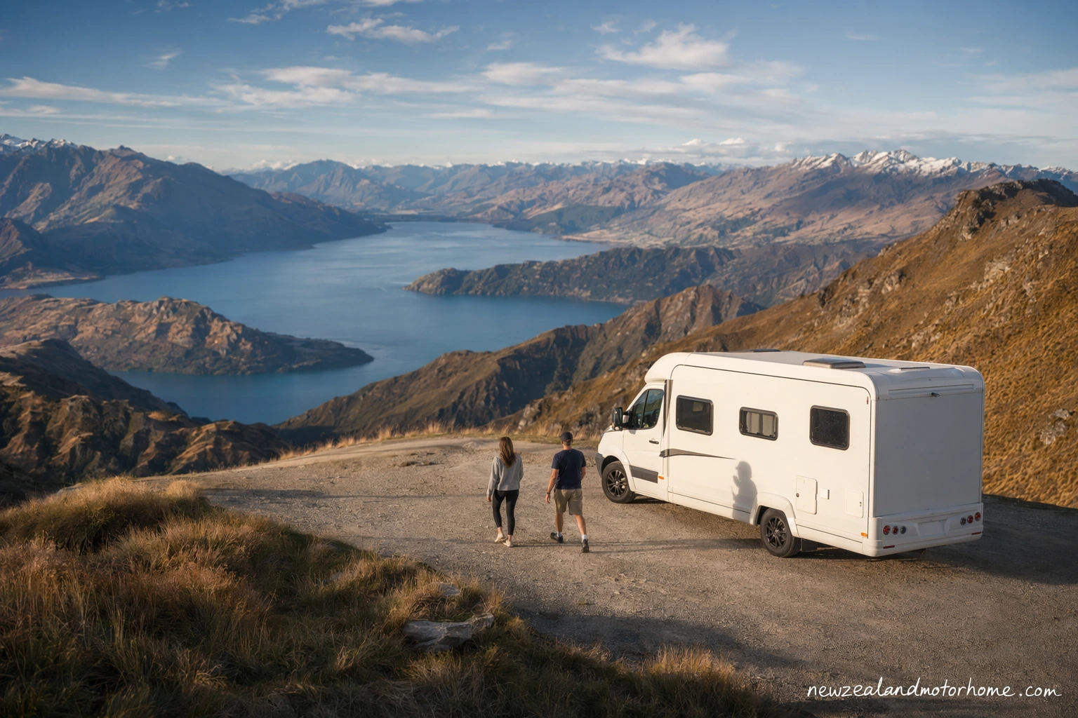 Campervan parked near Wānaka with Roys Peak and Lake Wānaka in the background