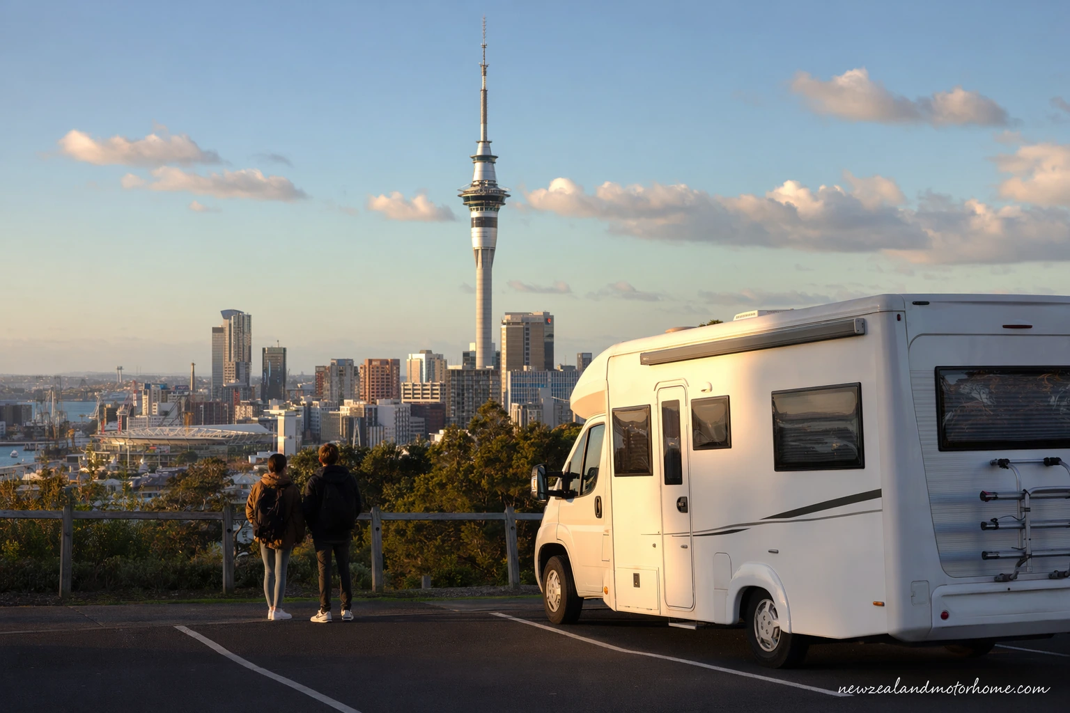 Campervan parked on Auckland’s city fringe with Sky Tower rising above the CBD