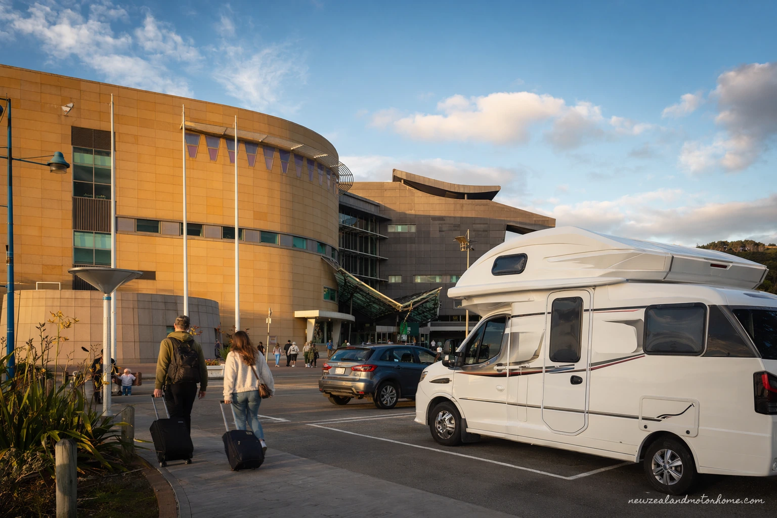Campervan parked near the Wellington waterfront with Te Papa Tongarewa museum in the background