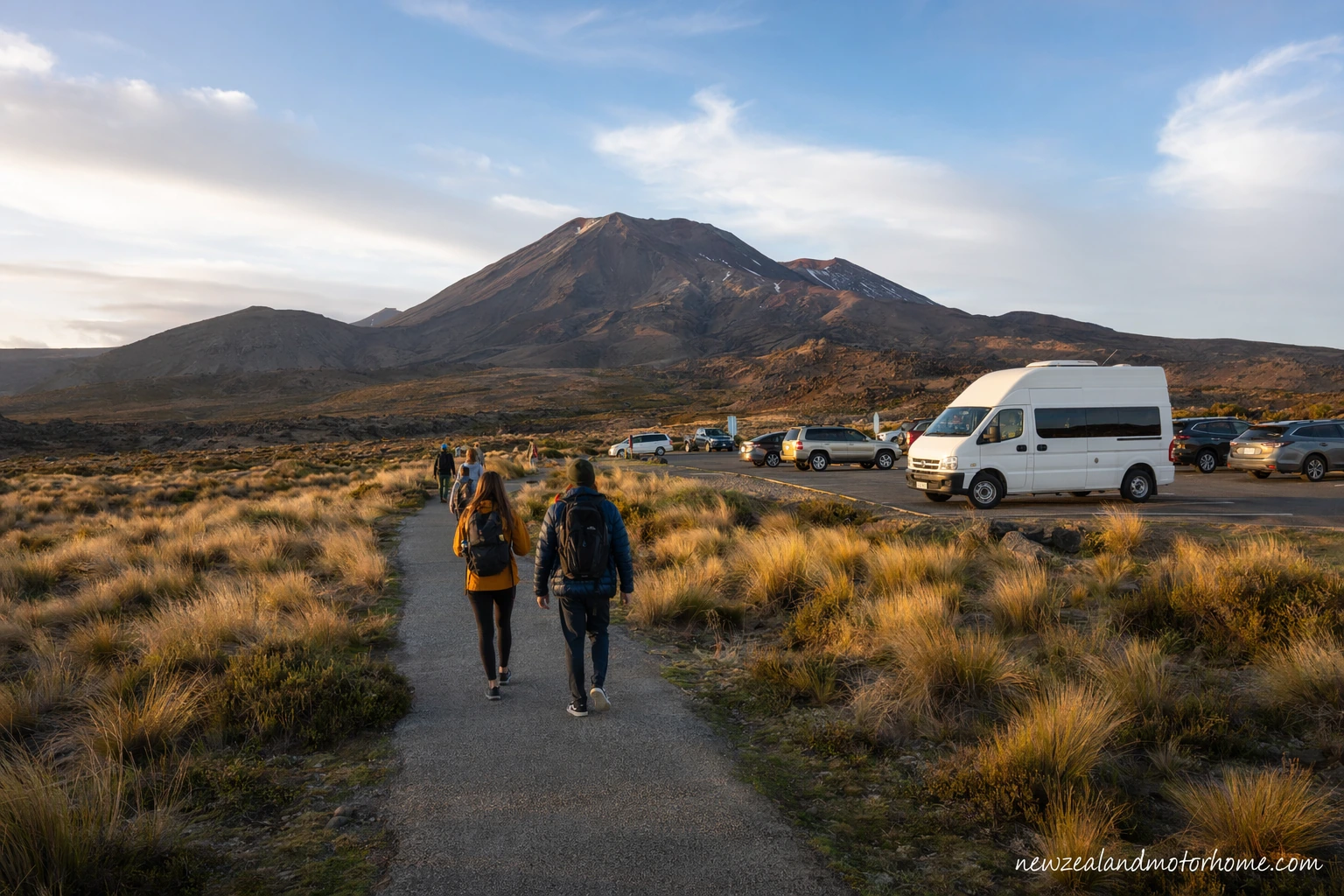 Campervan parked near Tongariro National Park with the volcanic landscape of the Tongariro Alpine Crossing beyond