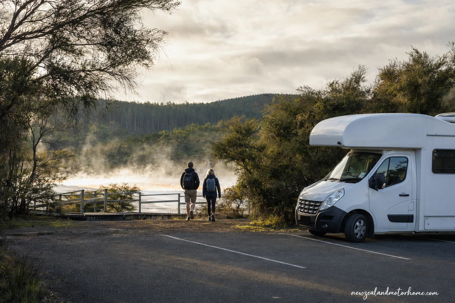 Campervan parked near the steaming geothermal landscape at Wai-O-Tapu