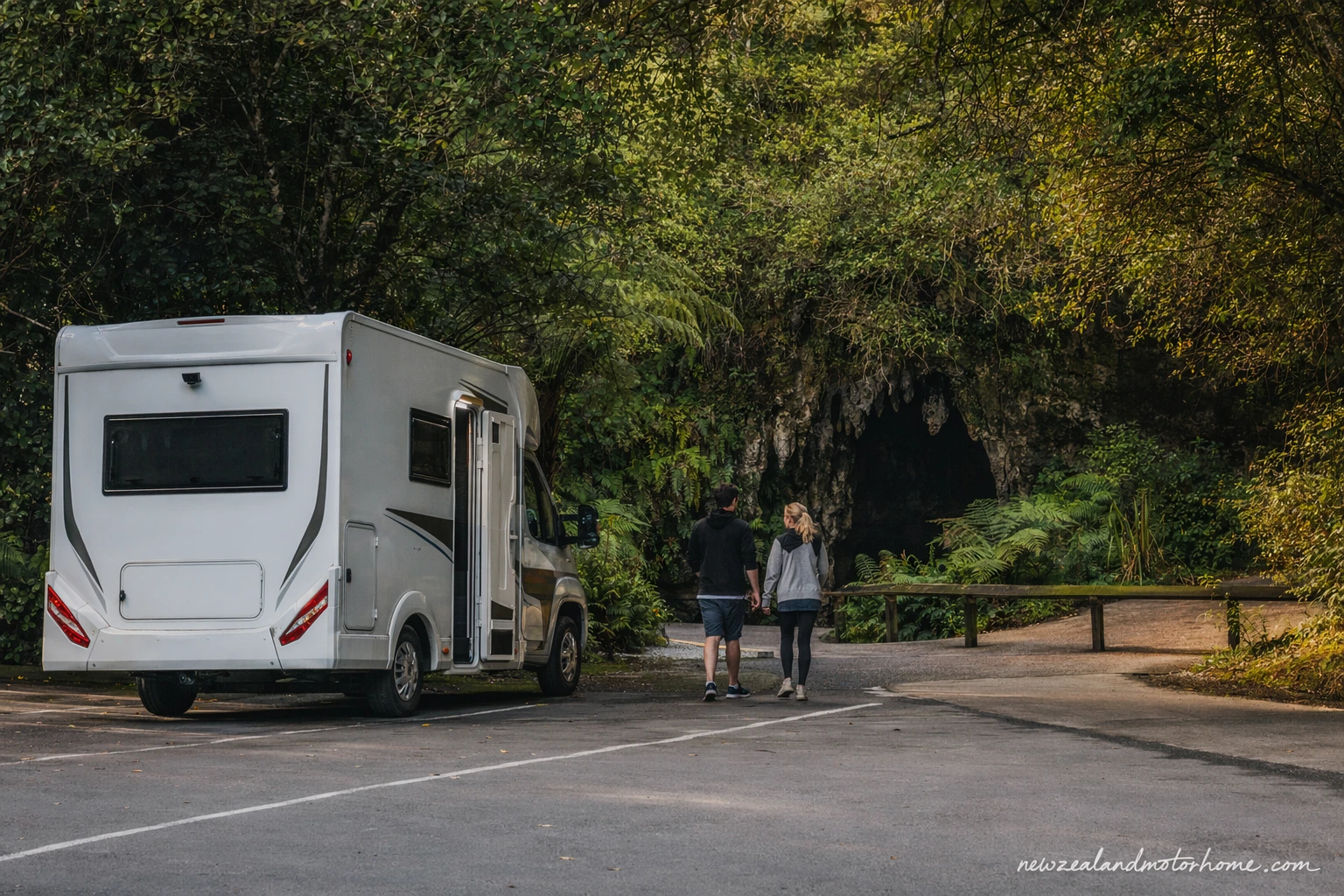 Campervan parked near the rolling limestone country around Waitomo Glowworm Caves