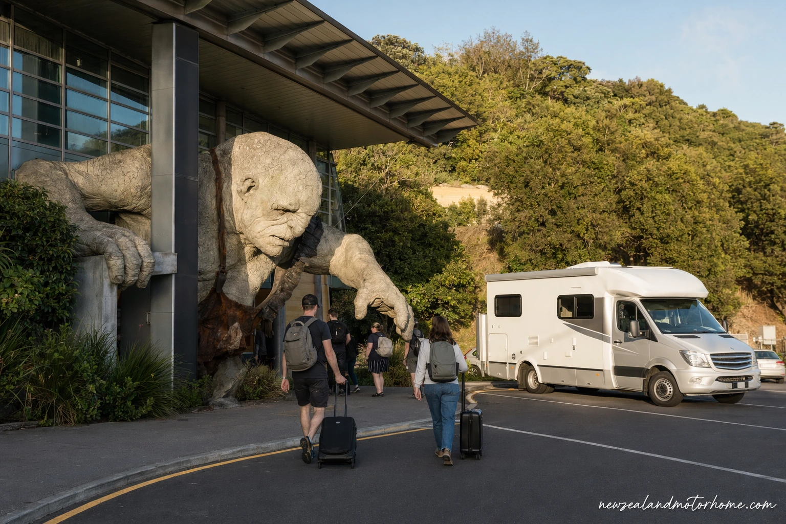 Campervan parked in Miramar while travellers visit Wētā Workshop in Wellington