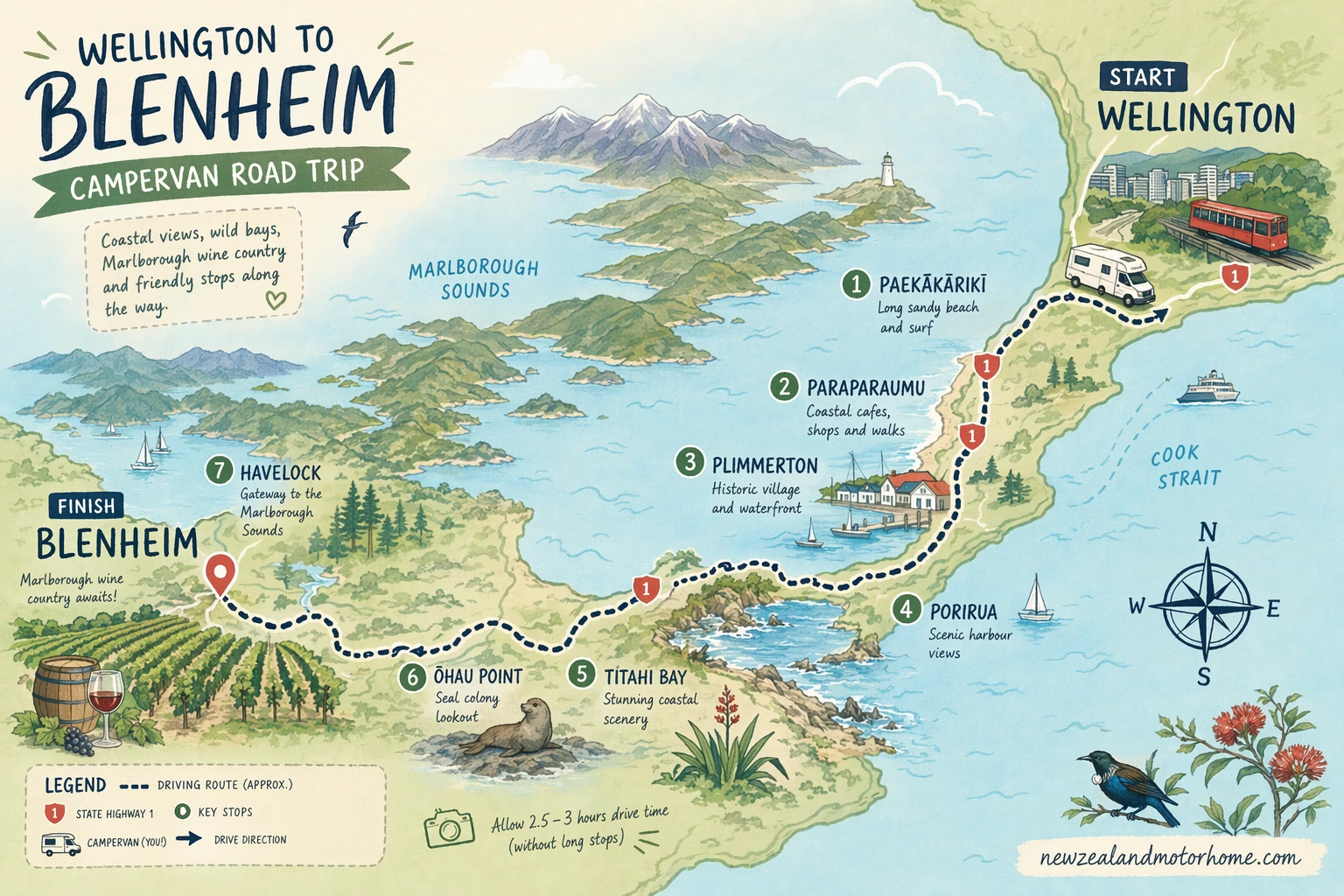 Illustrated campervan map — wellington to blenheim campervan