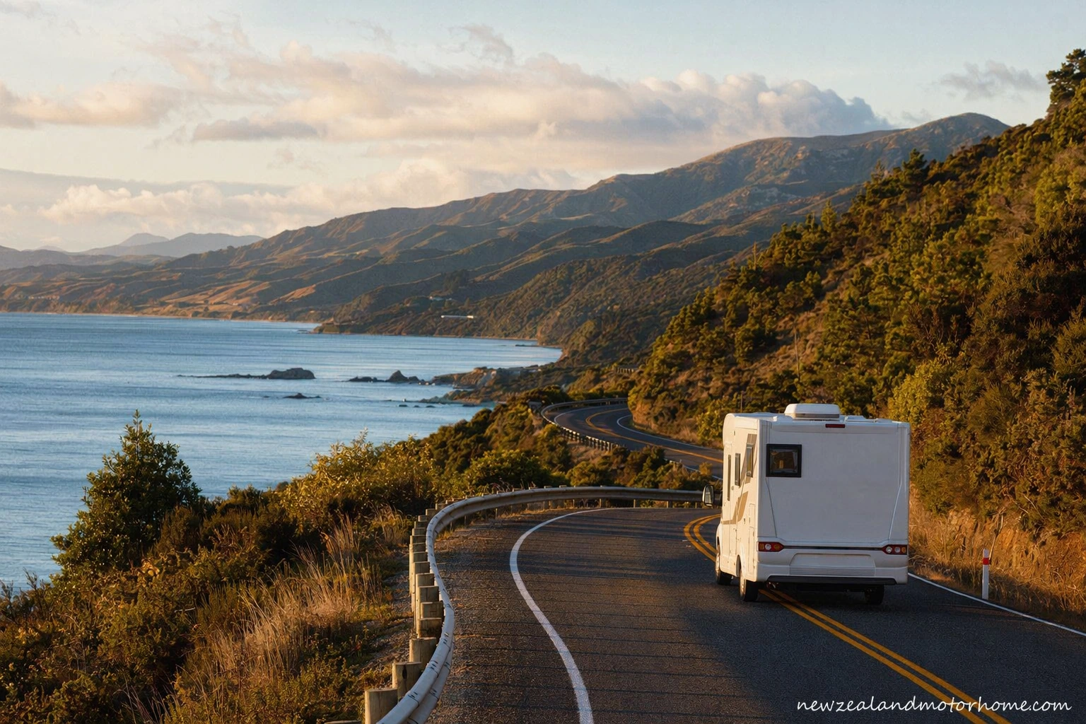 Campervan parked near Picton harbour on the Wellington to Blenheim route