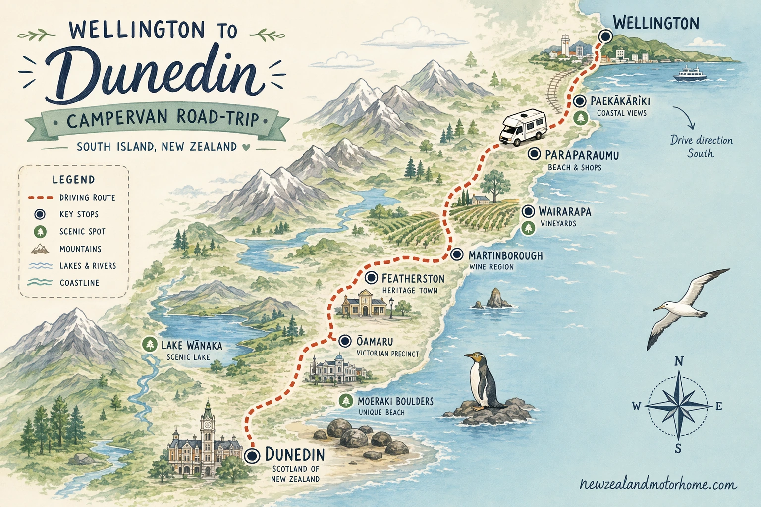 Illustrated campervan map — wellington to dunedin campervan