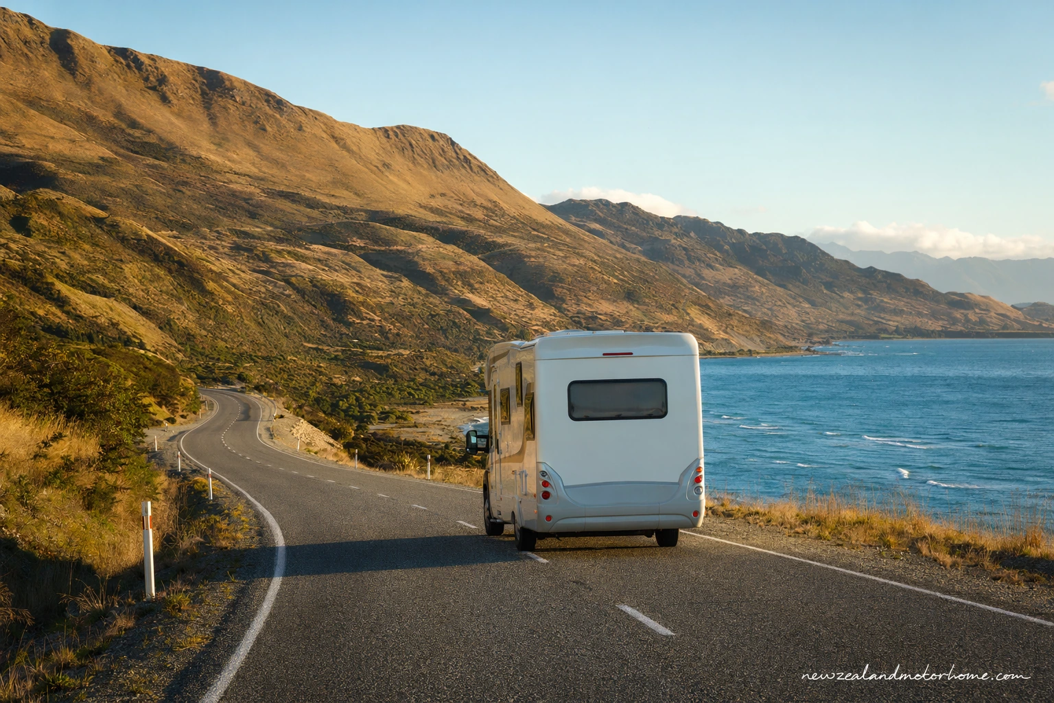 Campervan parked above Dunedin Harbour after driving south from Wellington