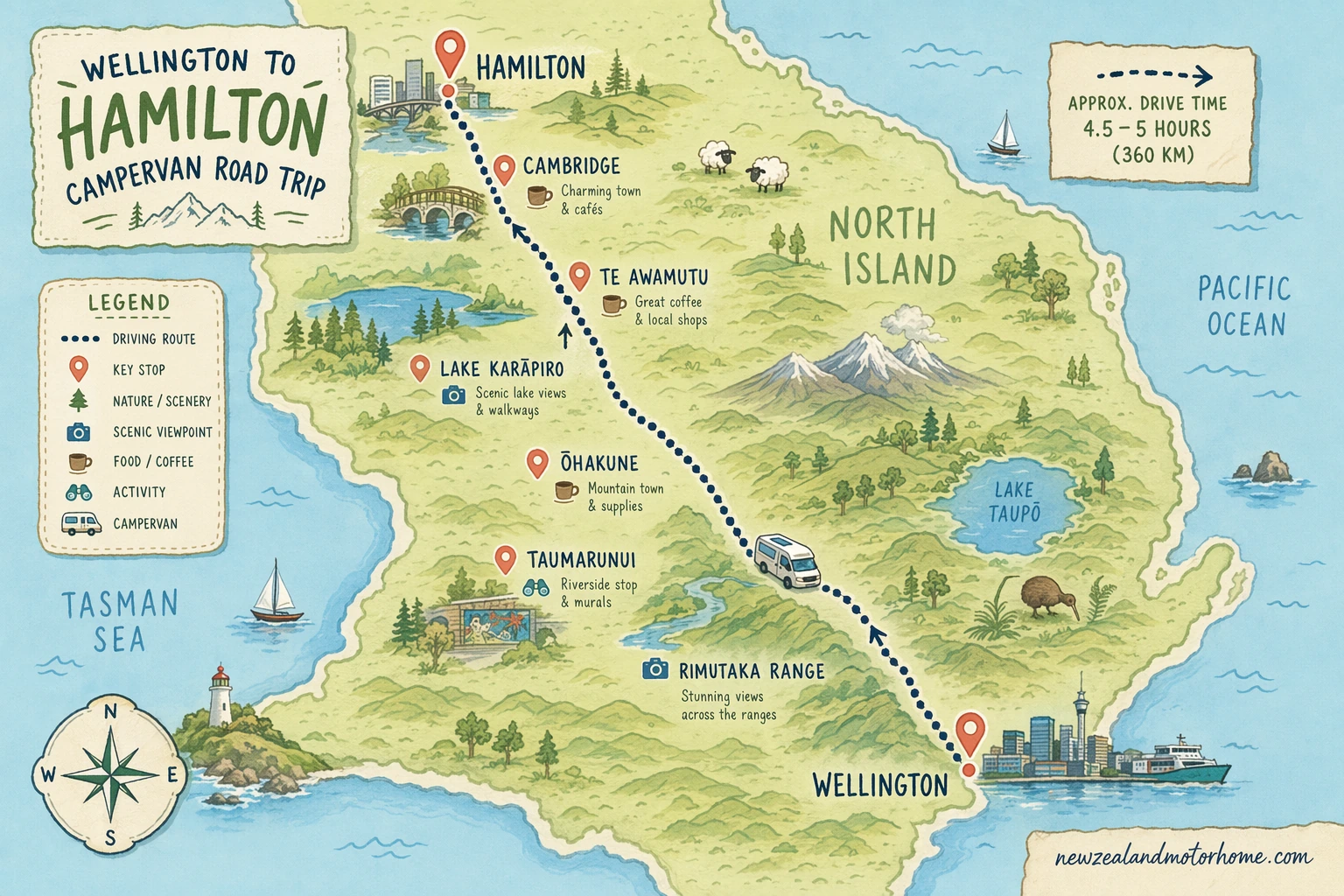 Illustrated campervan map — wellington to hamilton campervan