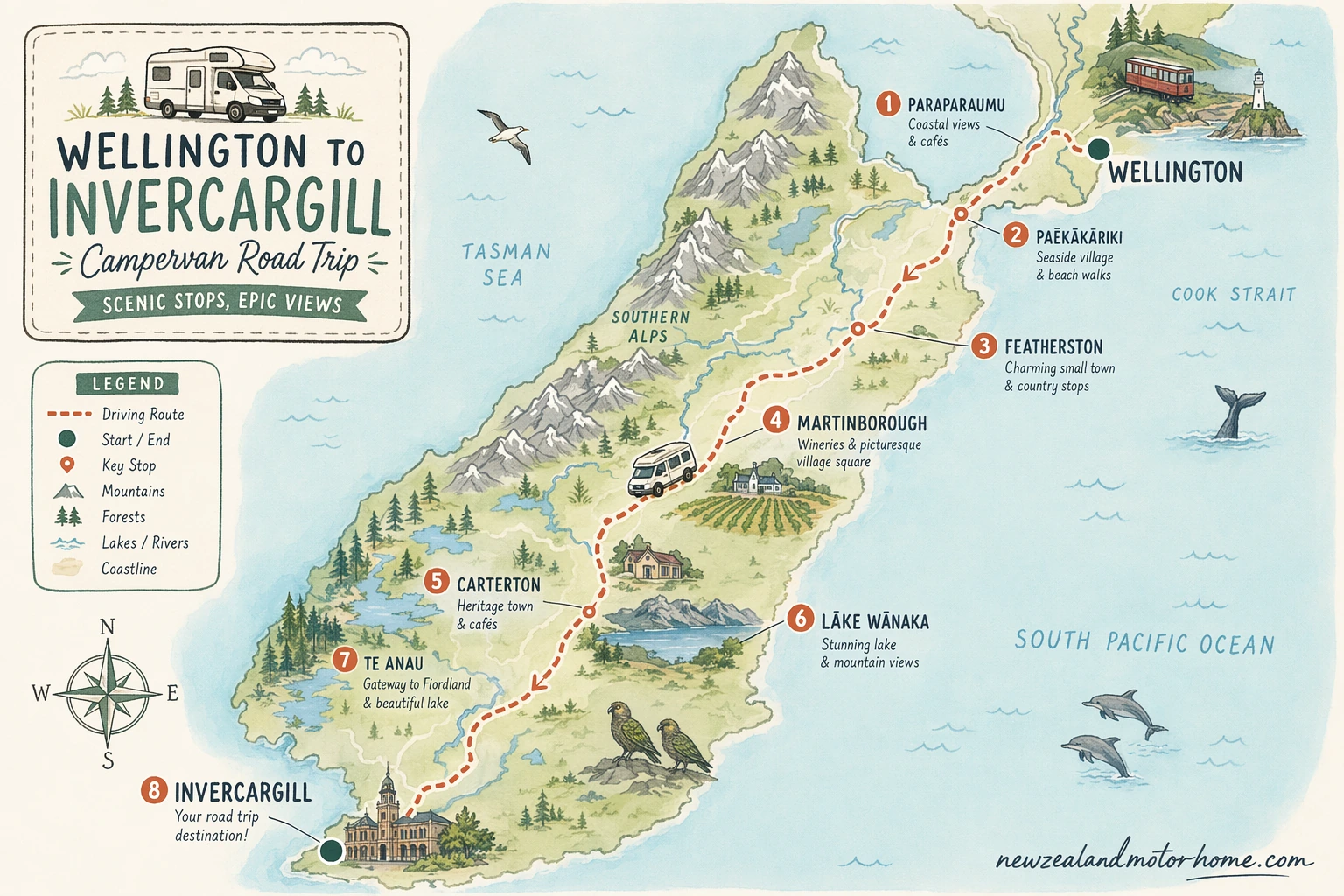 Illustrated campervan map — wellington to invercargill campervan