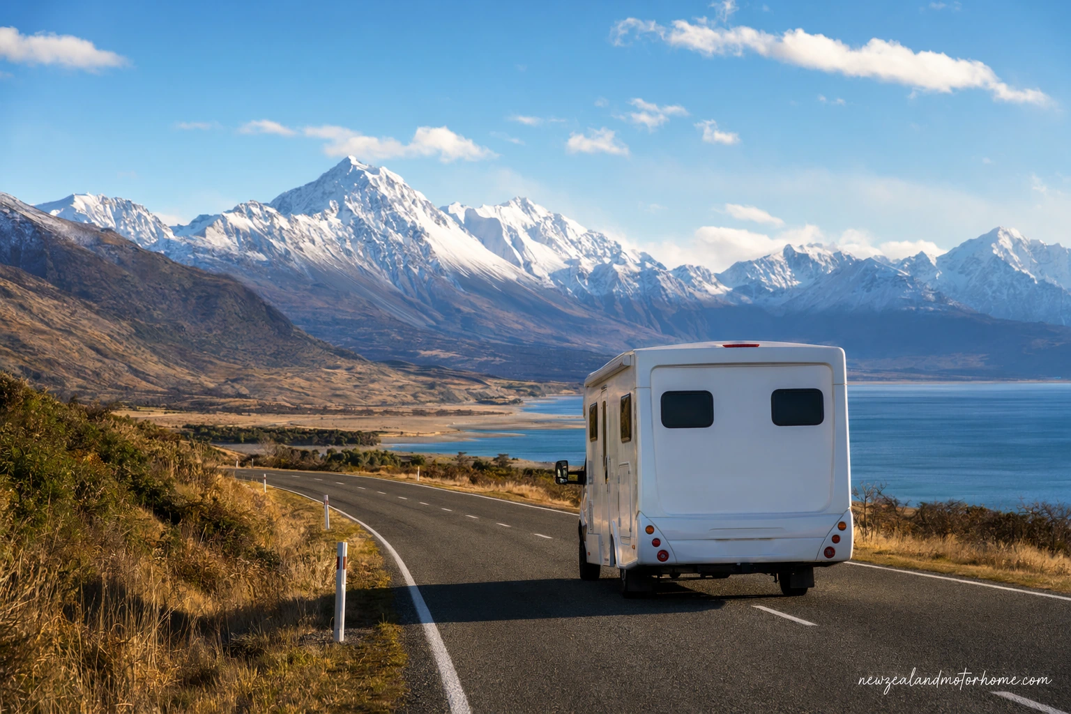 Campervan parked near the coast on the Wellington to Invercargill route in the lower South Island