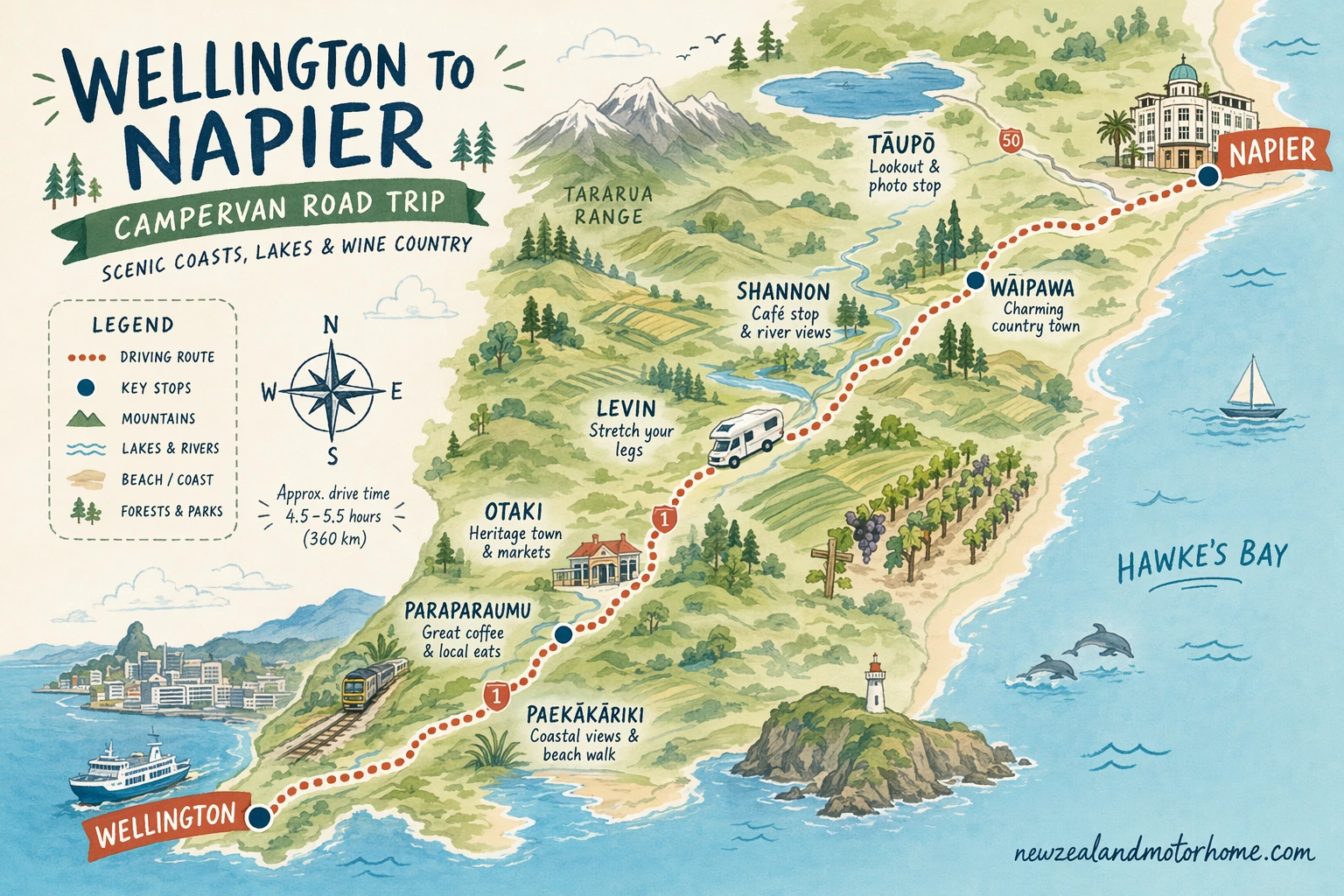 Illustrated campervan map — wellington to napier campervan