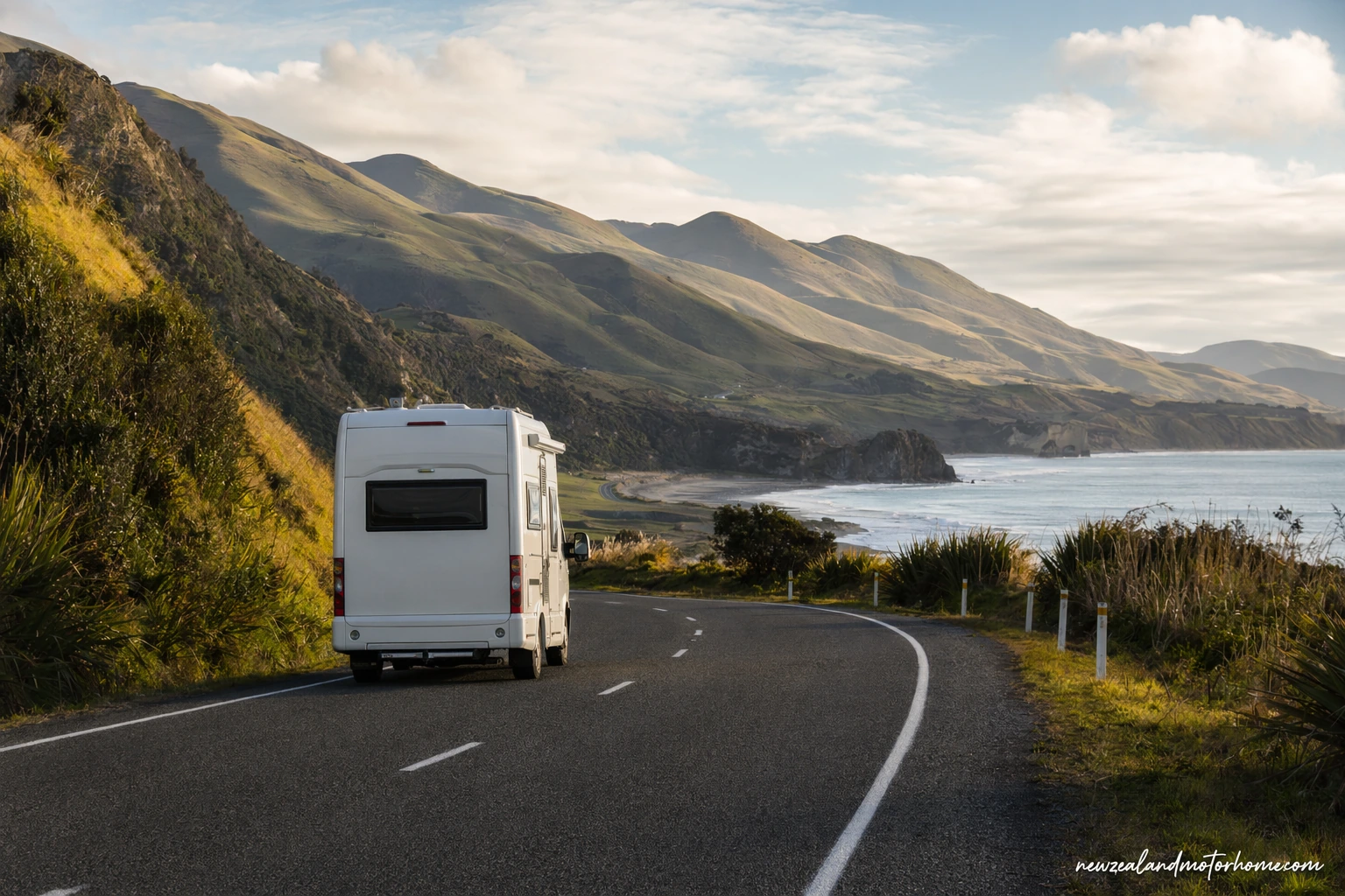 Campervan parked above the coast near Napier after the drive from Wellington