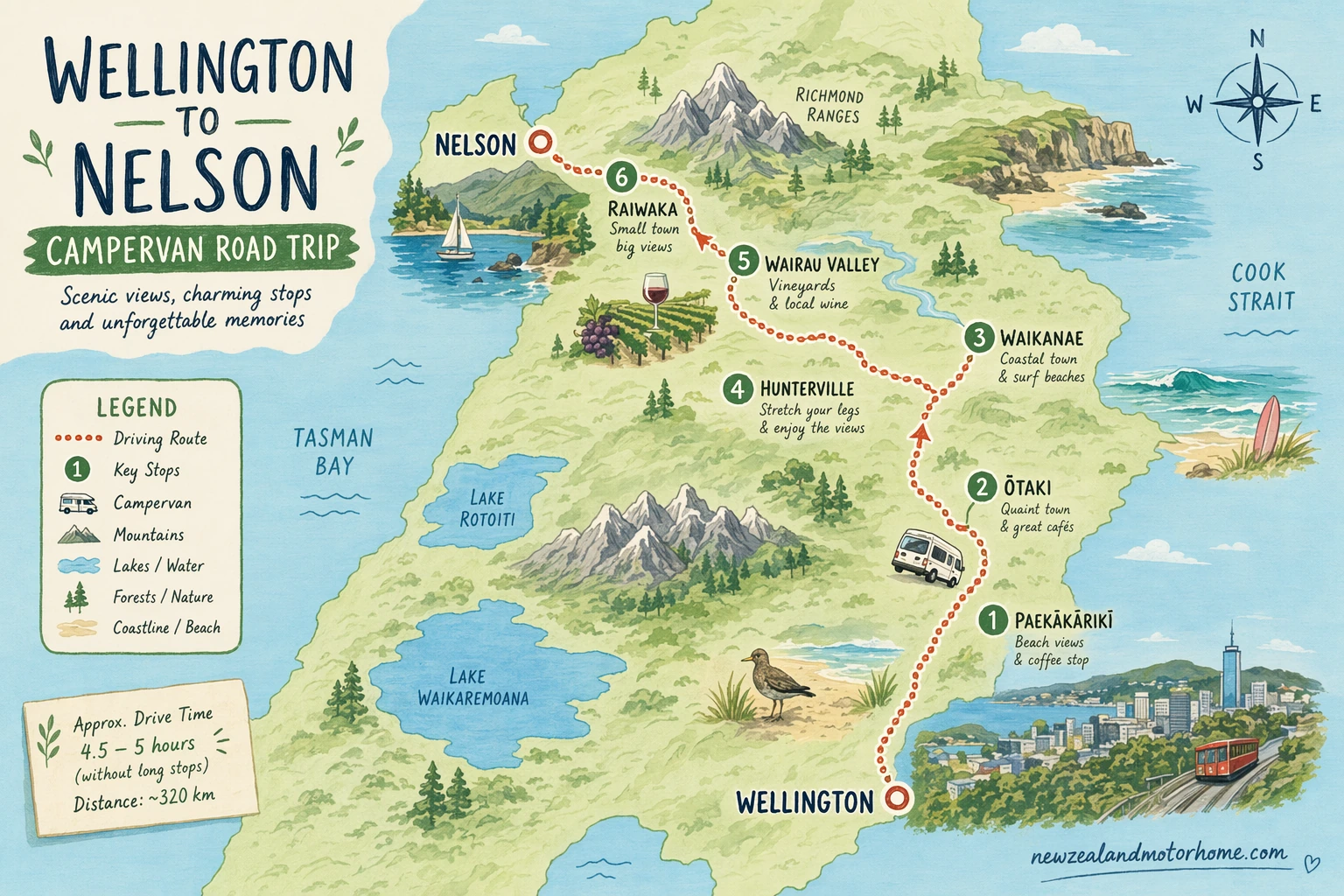 Illustrated campervan map — wellington to nelson campervan
