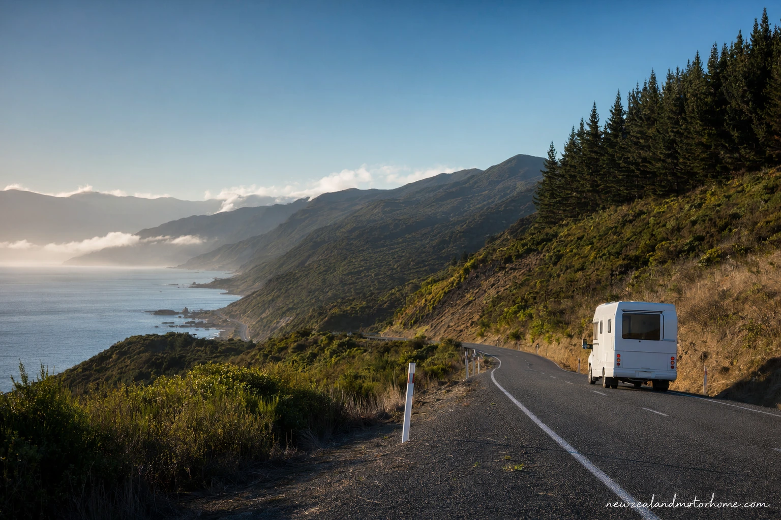 Campervan parked near Nelson after the Cook Strait crossing from Wellington
