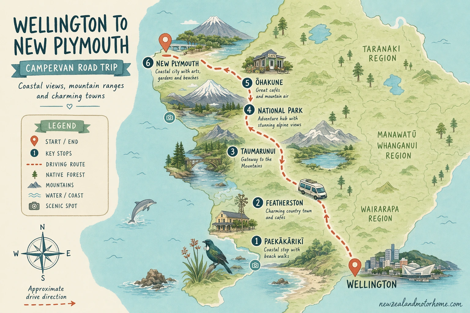Illustrated campervan map — wellington to new plymouth campervan