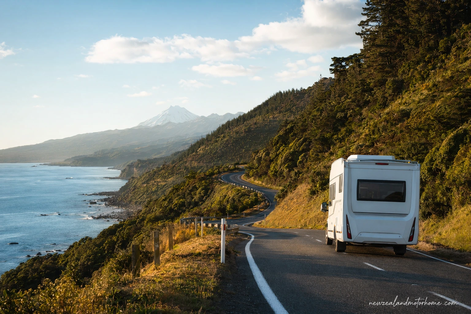 Campervan parked near the New Plymouth coast with Taranaki Maunga in the distance