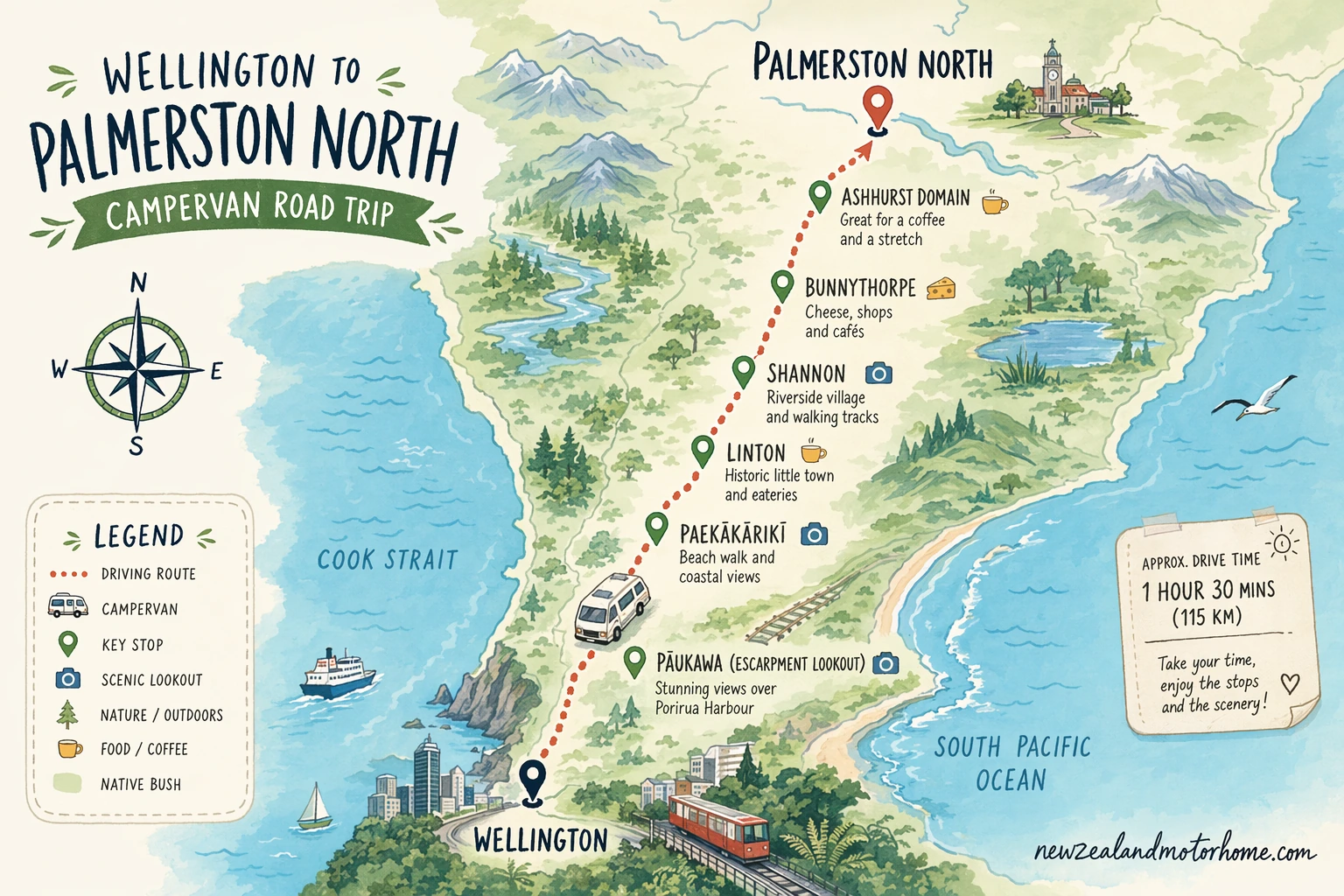 Illustrated campervan map — wellington to palmerston north campervan