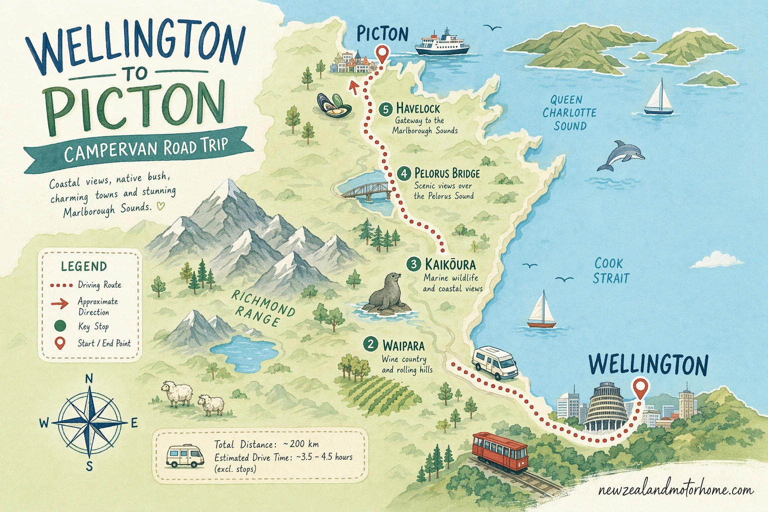 Illustrated campervan map — wellington to picton campervan