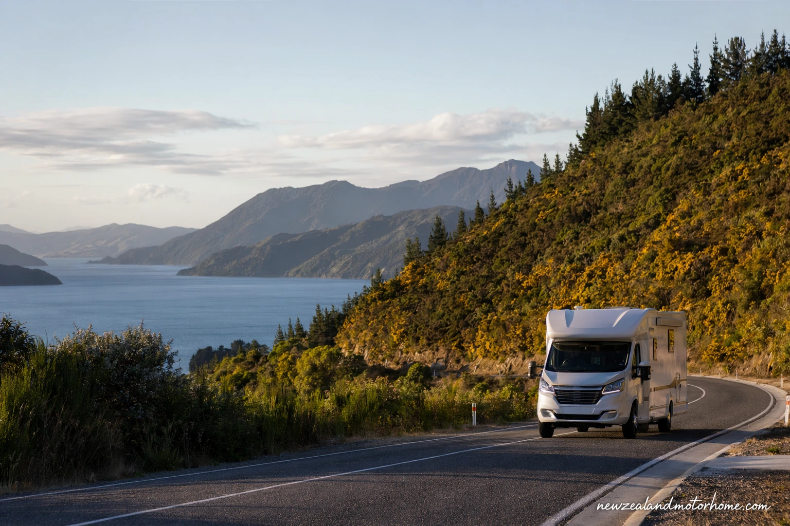 Campervan parked near Picton harbour after the Cook Strait ferry crossing