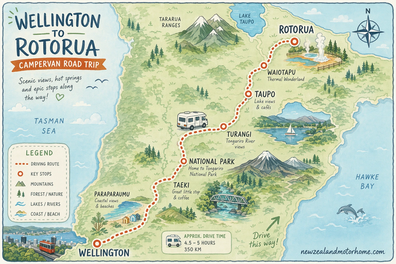 Illustrated campervan map — wellington to rotorua campervan