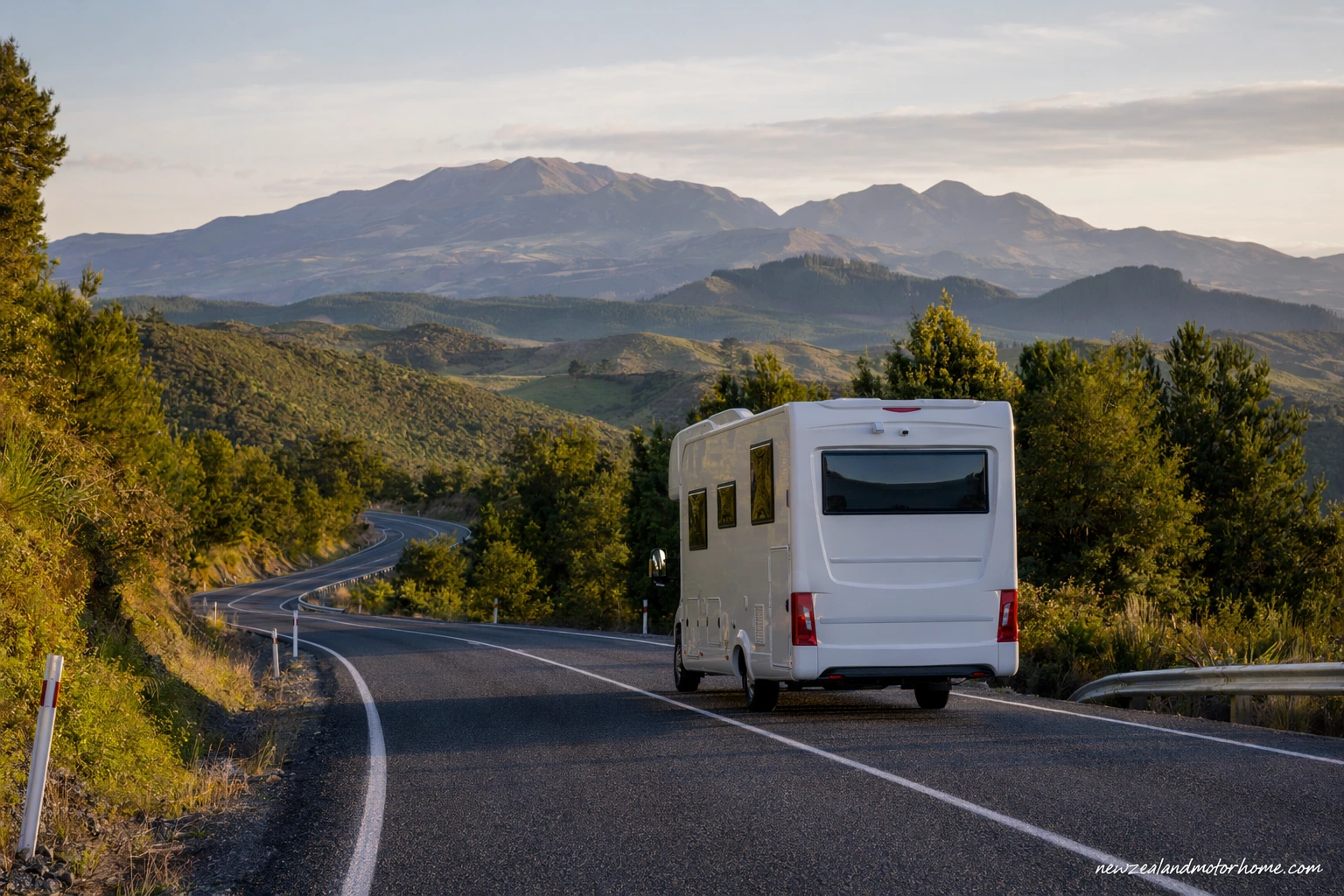 Campervan parked near Lake Taupō on the Wellington to Rotorua route with volcanic plateau hills in the distance