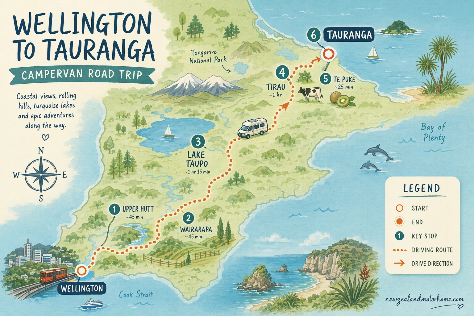 Illustrated campervan map — wellington to tauranga campervan