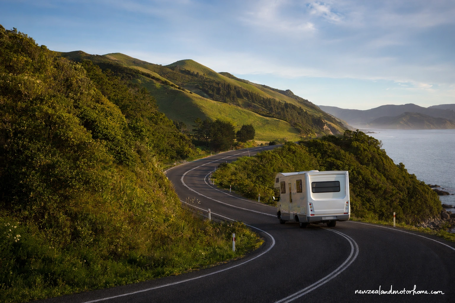 Campervan parked near Lake Taupō on the Wellington to Tauranga route with volcanic plateau hills in the distance