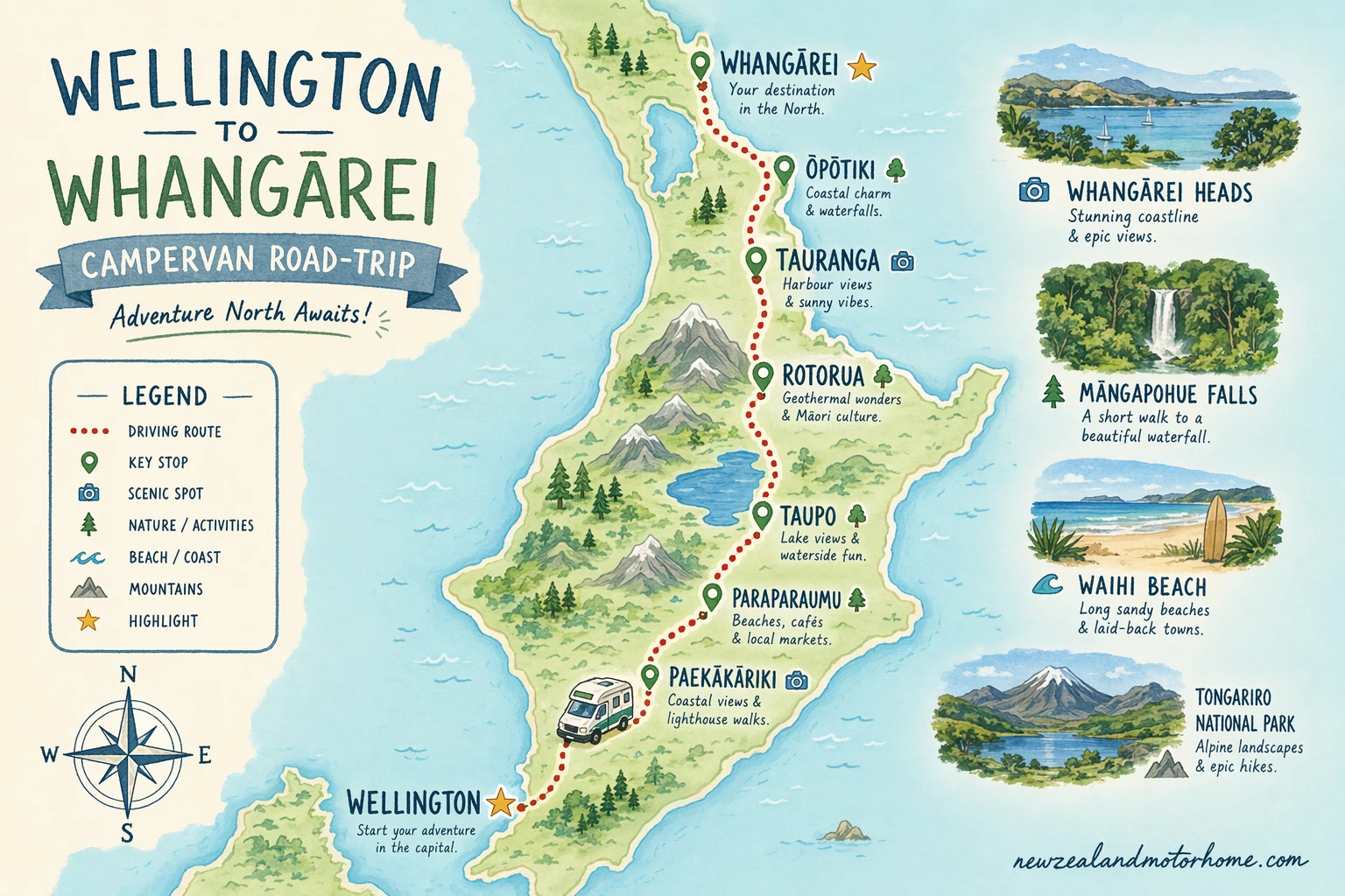 Illustrated campervan map — wellington to whangarei campervan