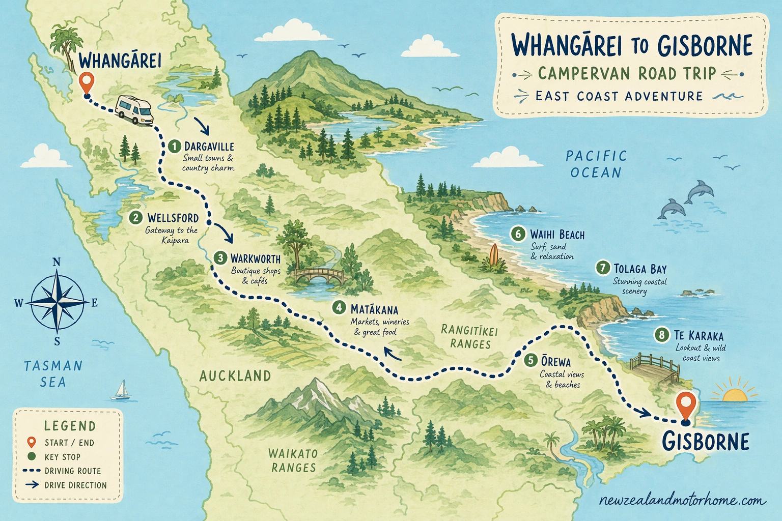 Illustrated campervan map — whangarei to gisborne campervan