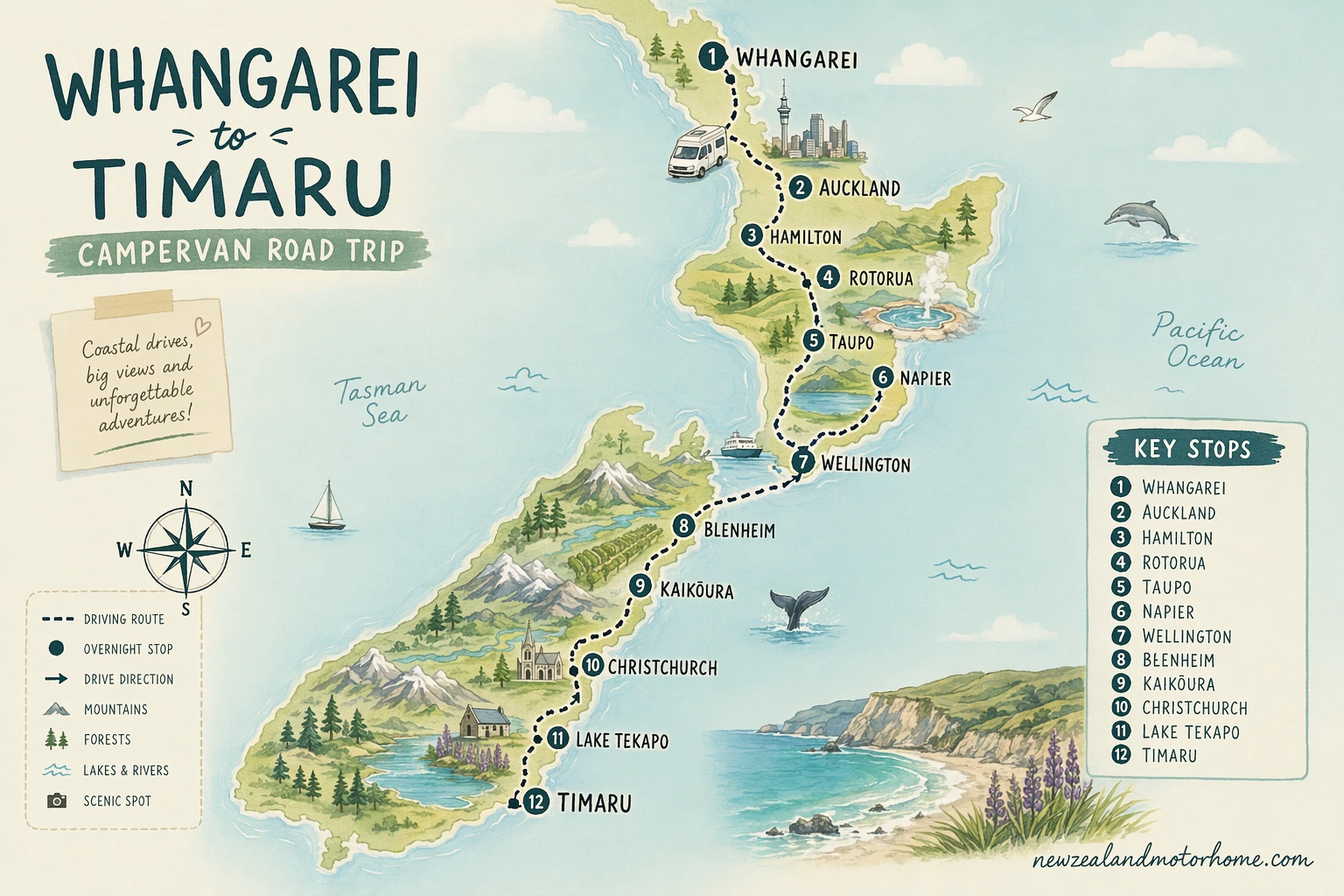 Illustrated campervan map — whangarei to timaru campervan