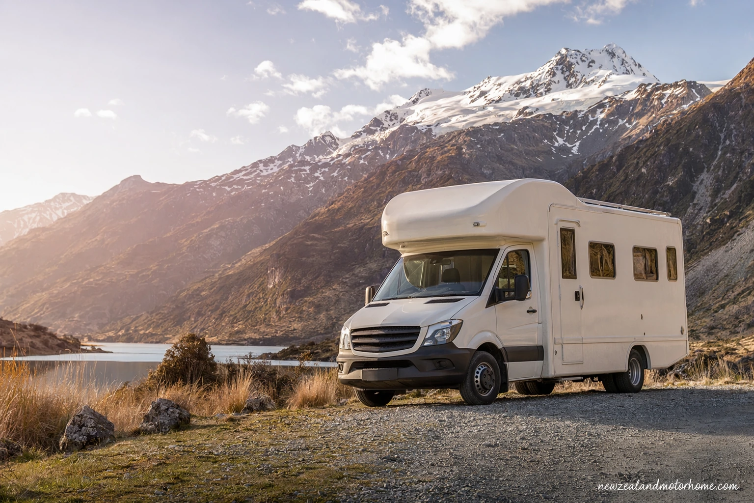 Campervan parked beside Lake Pukaki in New Zealand with open road and mountains ahead