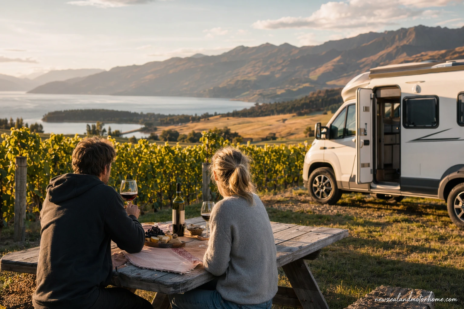 Campervan parked beside vineyards on a New Zealand wine trail route
