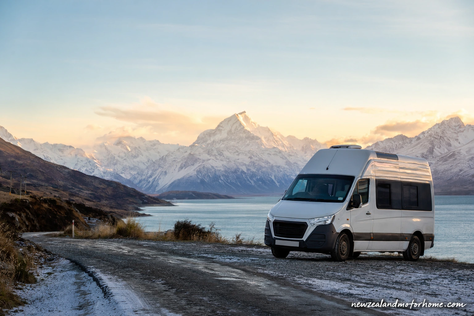 Campervan parked beside a frosty lake in New Zealand with snow-covered mountains in the background